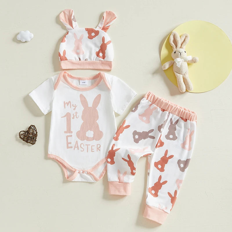 Baby Girl Boy 3Pcs My First 1st Easter Outfit Bunny Print Short Sleeve Romper Bodysuit Long Pants Hat with Rabbit Ears Spring Set