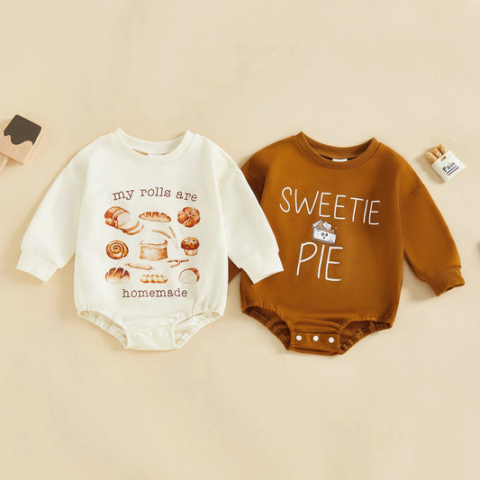 Baby Girls Boys Romper Fall Fashionable Thanksgiving Letters Sweetie Pie / My Rolls Are Homemade Print Round Neck Long Sleeve Jumpsuits