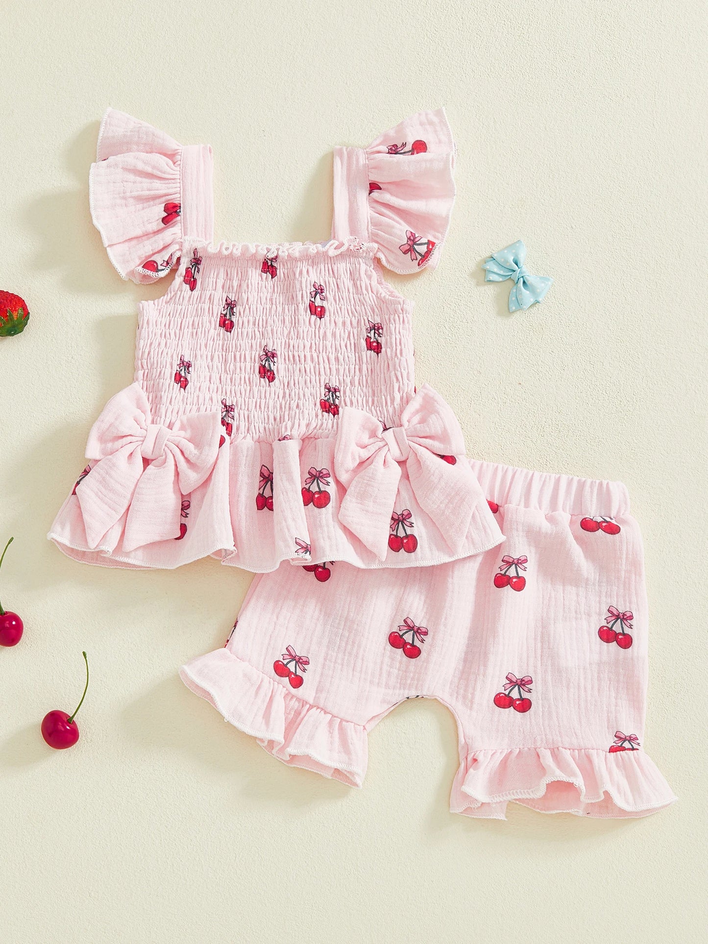 Baby Toddler Girl 2Pcs Summer Outfits Ruffle Sleeveless Cherries Fruit Print Smocked Top Shorts Set Clothes