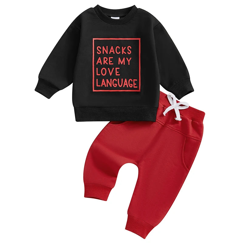 Baby Toddler Boys 2Pcs Snacks Are My Love Language Fall Outfit Letter Print Long Sleeve Top and Long Pants Jogger Set