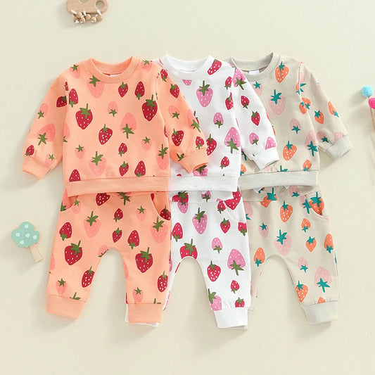 Baby Toddler Girls 2Pcs Outfit Strawberry Print Long Sleeve Crew Neck Top with Elastic Waist Pants Fall Set