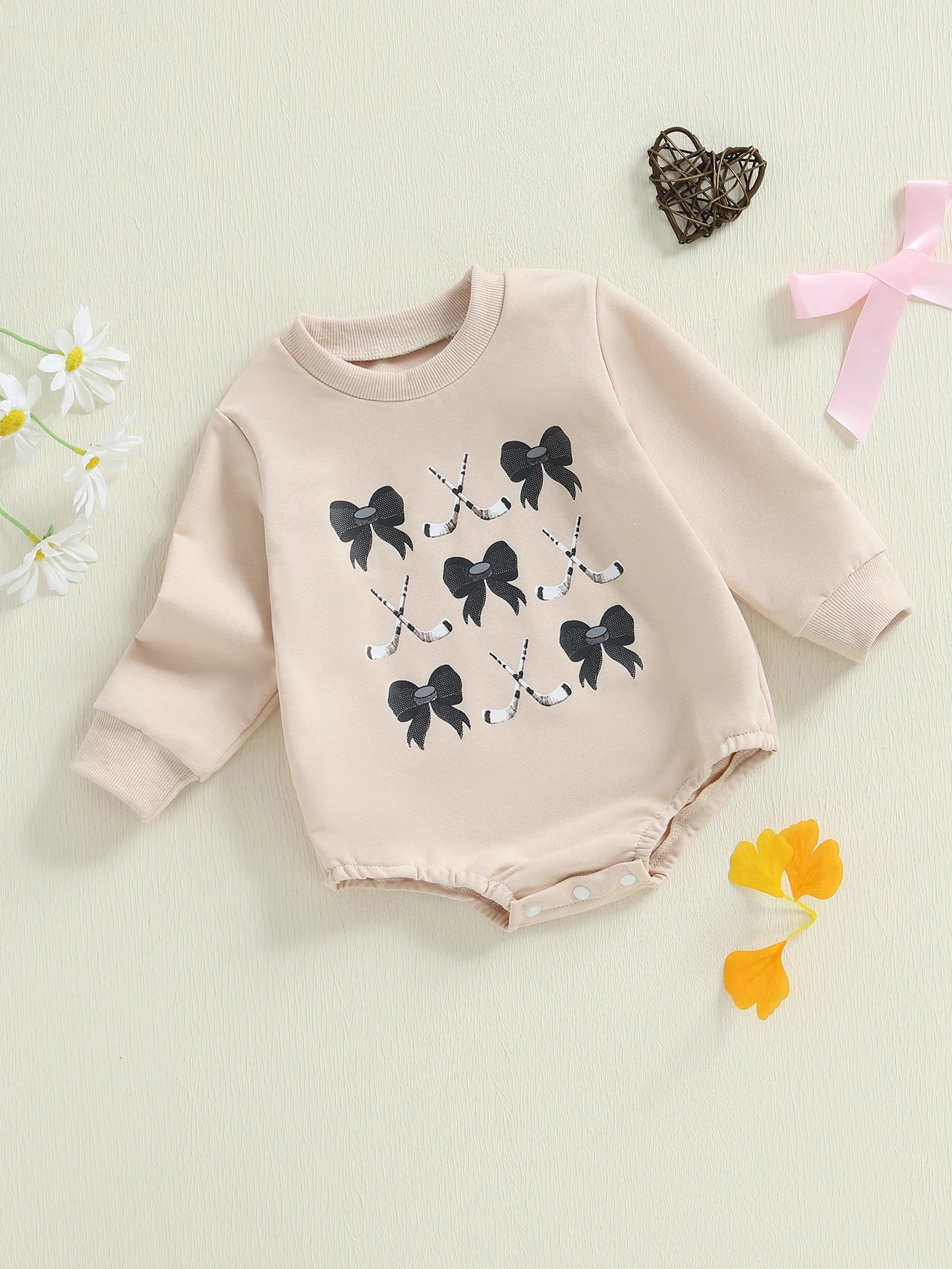Baby Girls Fall Romper Bow Hockey / Game Day Letter Print Long Sleeve Round Neck Bubble Jumpsuit