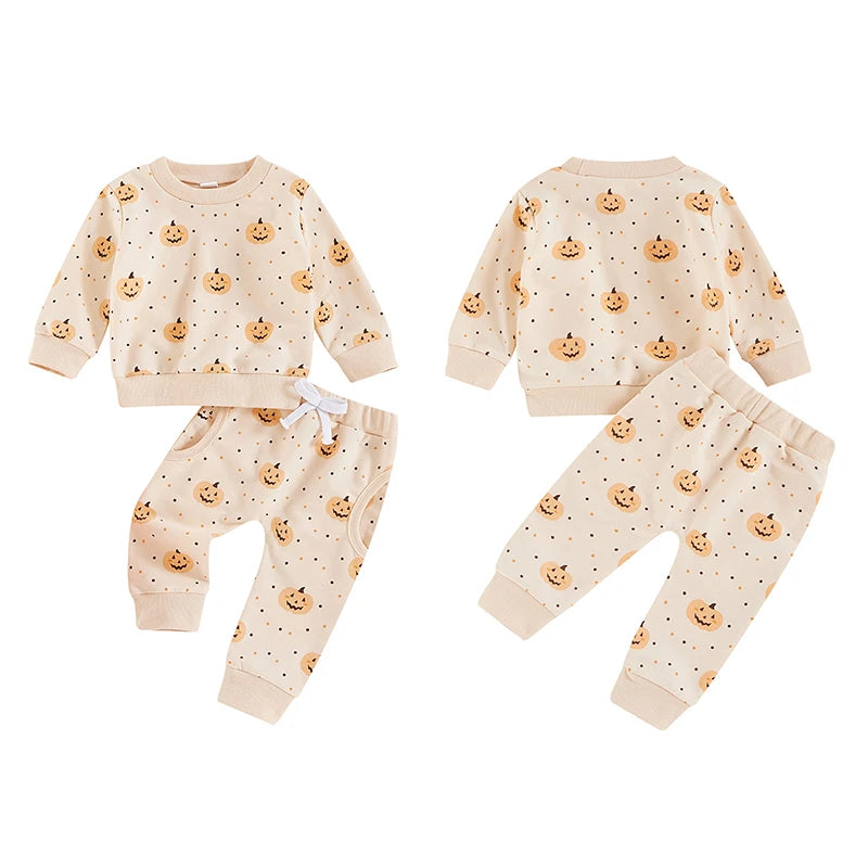 Baby Toddler Girls Boys 2Pcs Halloween Long Sleeve O Neck Pumpkin Print Top Pants Outfit Set