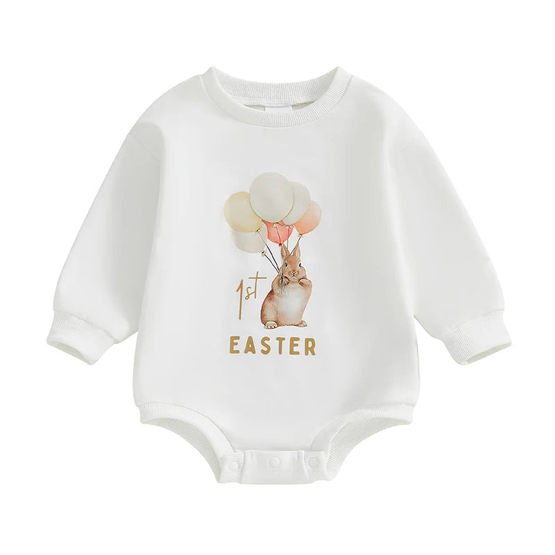 Baby Boys Girls My First 1st Easter Bubble Romper Bunny Rabbit Letter Pattern Long Sleeve Crew Neck Jumpsuit