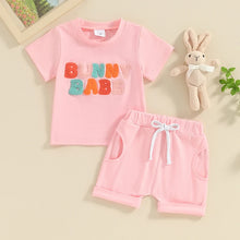 Load image into Gallery viewer, Toddler Baby Girls 2Pcs Easter Bunny Babe / Hunny Bunny Shorts Sets Short Sleeve Letter Embroidery Top Solid Color Shorts Outfit
