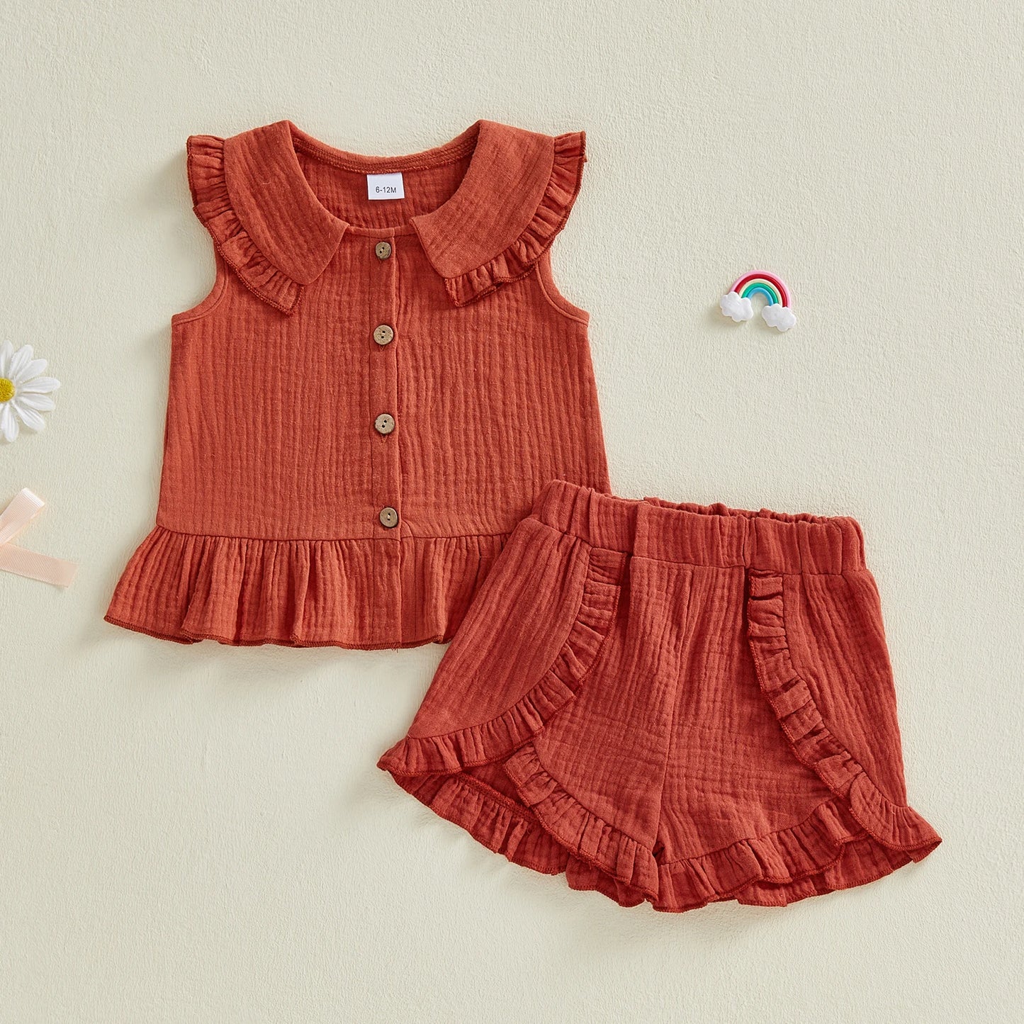 Baby Toddler Girl 2Pcs Summer Outfit Solid Color Pleated Doll Collar Sleeveless Tank Top Elastic Waist Shorts 2Pcs Clothes Set