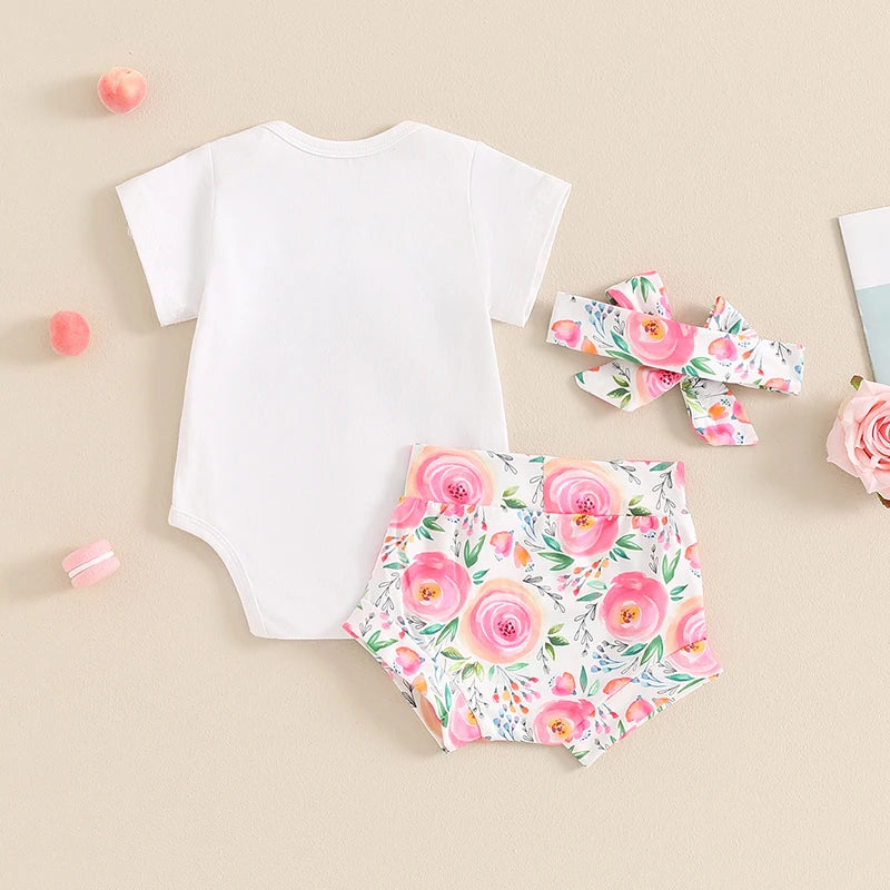 Baby Girls 3Pcs Little Sister Outfit Letter Print Short Sleeve Romper with Floral Flowers Pattern Shorts and Headband Set