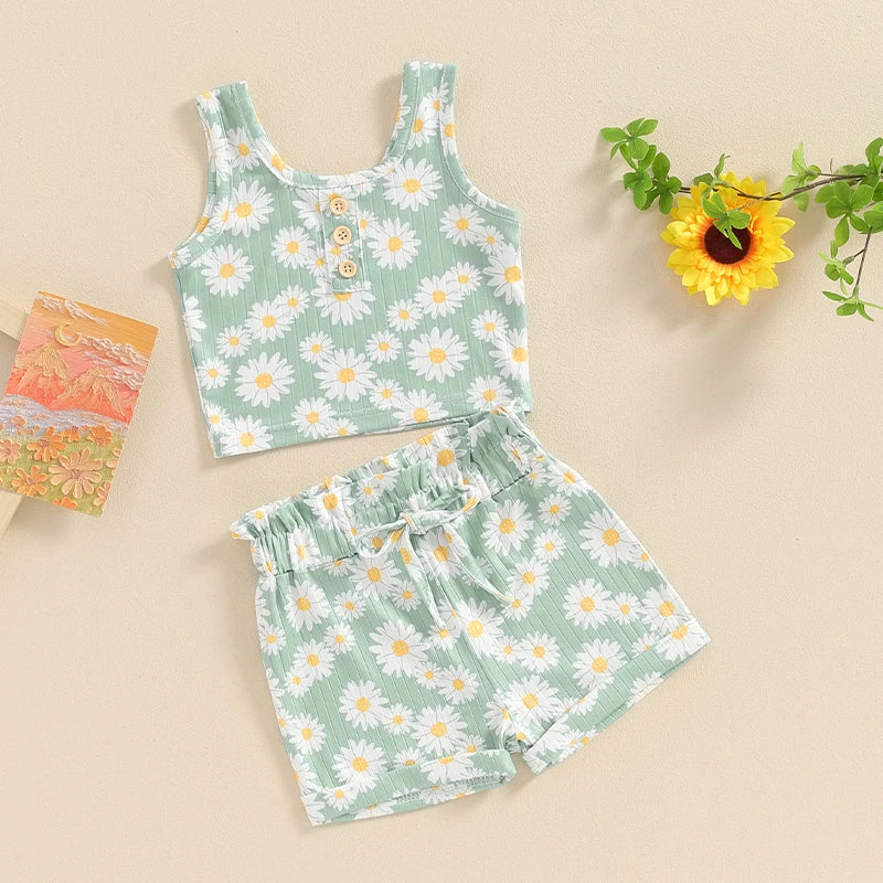 Baby Toddler Girls 2Pcs Daisy Flower Print Sleeveless Crew Neck Tank Top and Matching Shorts Summer Outfit Set