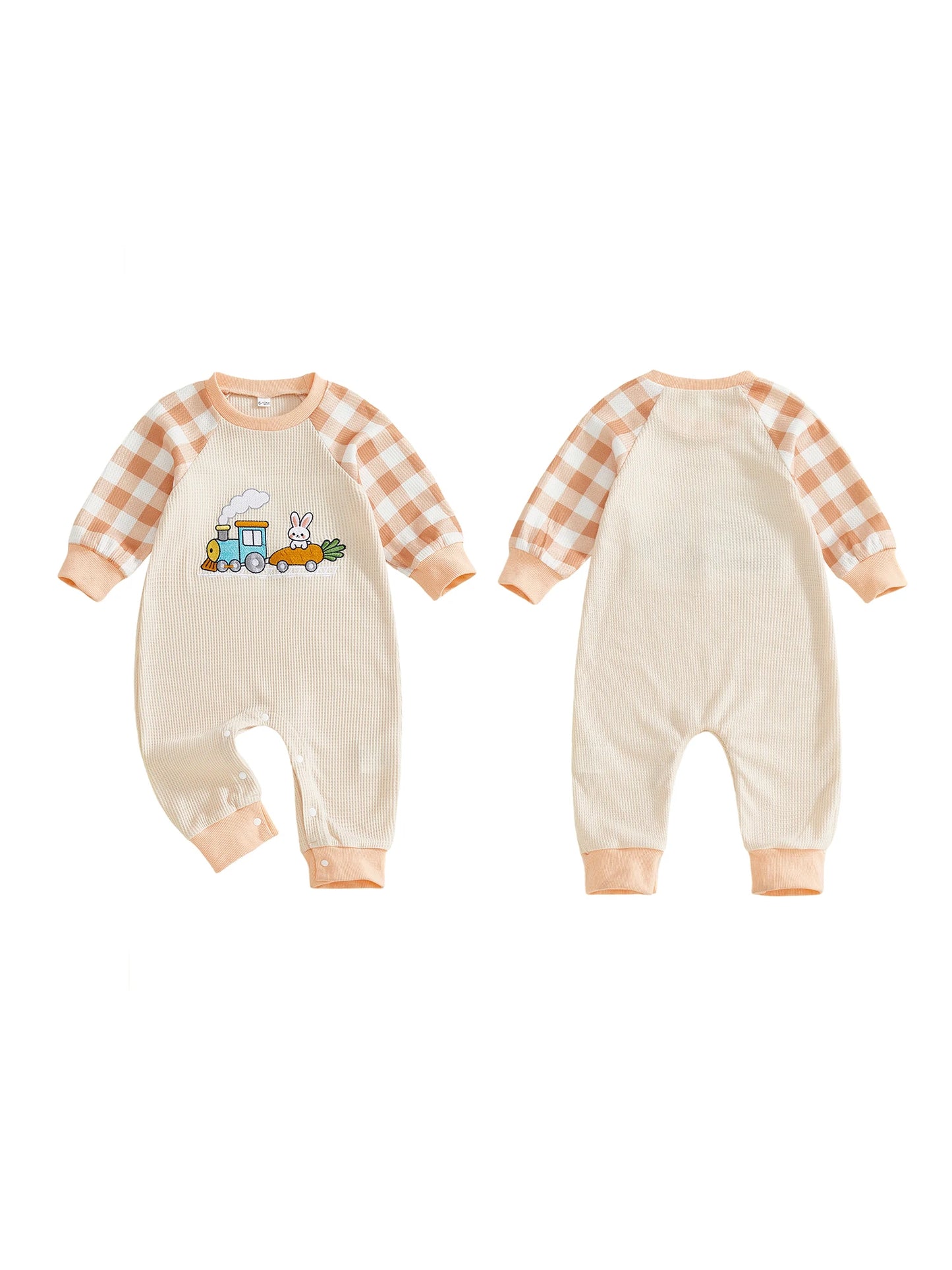 Baby Boy Girl Easter Romper Plaid Long Sleeve Round Neck Bunny Train Embroidery Full Length Jumpsuit