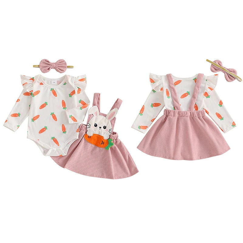 Baby Girls 3Pcs Easter Outfit Long Sleeve Carrot Print Romper Bunny Rabbit Carrot Embroidery Suspender Skirt Dress Headband Bow Set