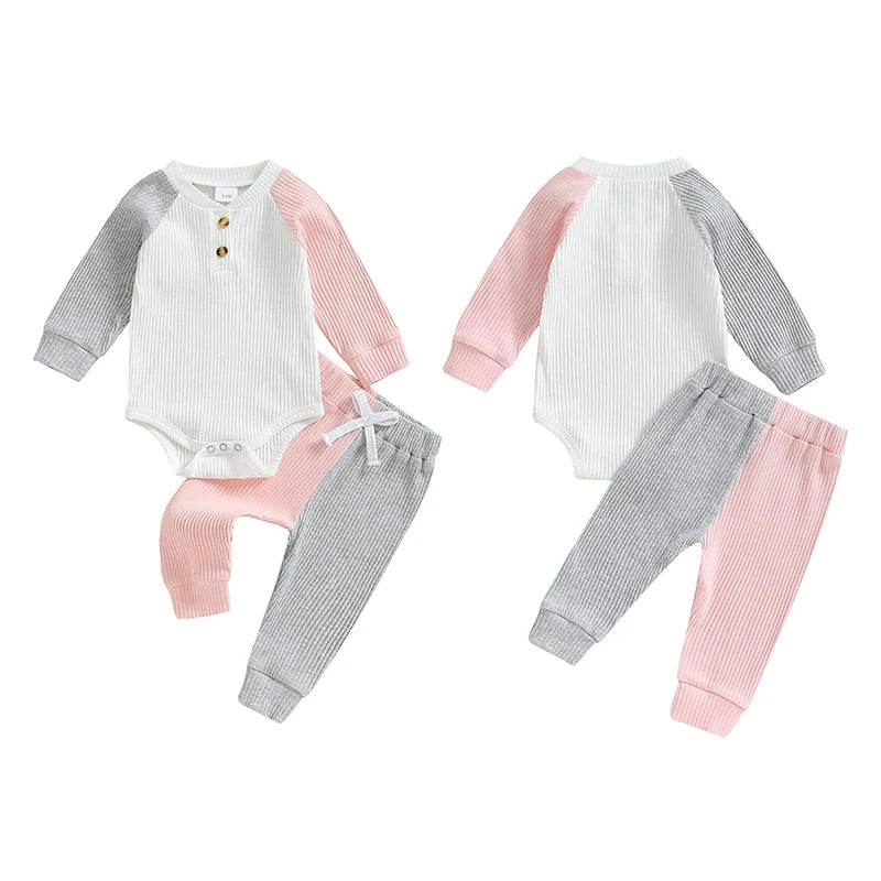 Baby Girls 2Pcs Outfit Contrast Color Long Raglan Sleeve Romper and Elastic Pants Set