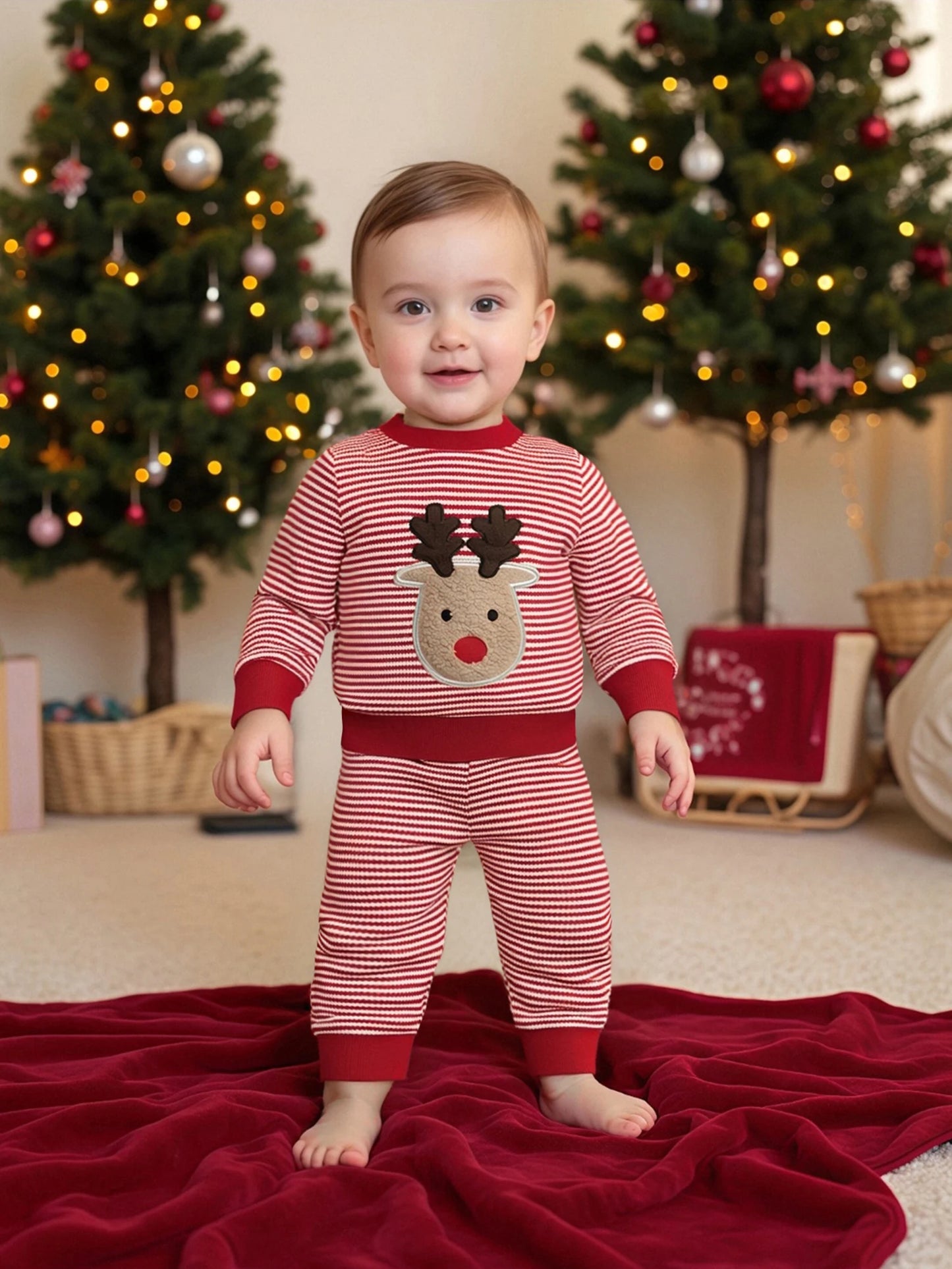 Baby Toddler Boys Girls 2Pcs Christmas Outfit Reindeer Embroidery Stripe Long Sleeve Round Neck Pullover Top + Elastic Waist Long Pants Jogger Set