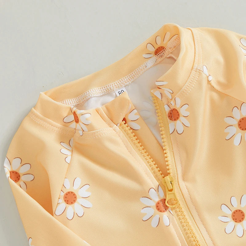 Baby Toddler Girls 2Pcs Swimsuit Daisy Flower Print Long Sleeve Round Neck Swimwear Front Zipper Bathing Suit and Hat Set