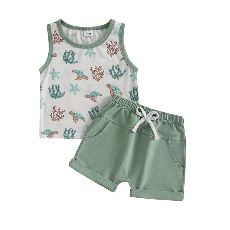 Baby Toddler Boys 2Pcs Summer Clothes Sleeveless Pattern Sea Turtles Palm Tree Waves Print Tank Top Solid Shorts Set Beach Outfit