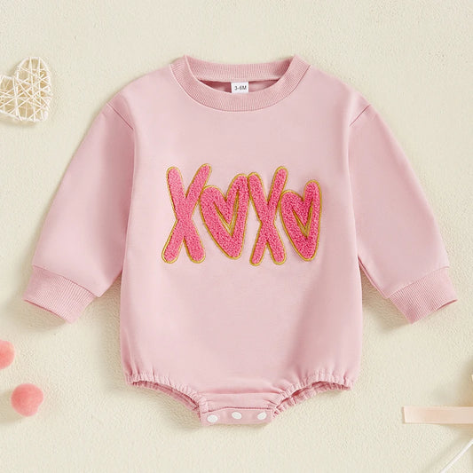 Baby Girl XOXO Bubble Romper Valentine's Day Letter Heart Embroidered Long Sleeve Valentines Jumpsuit