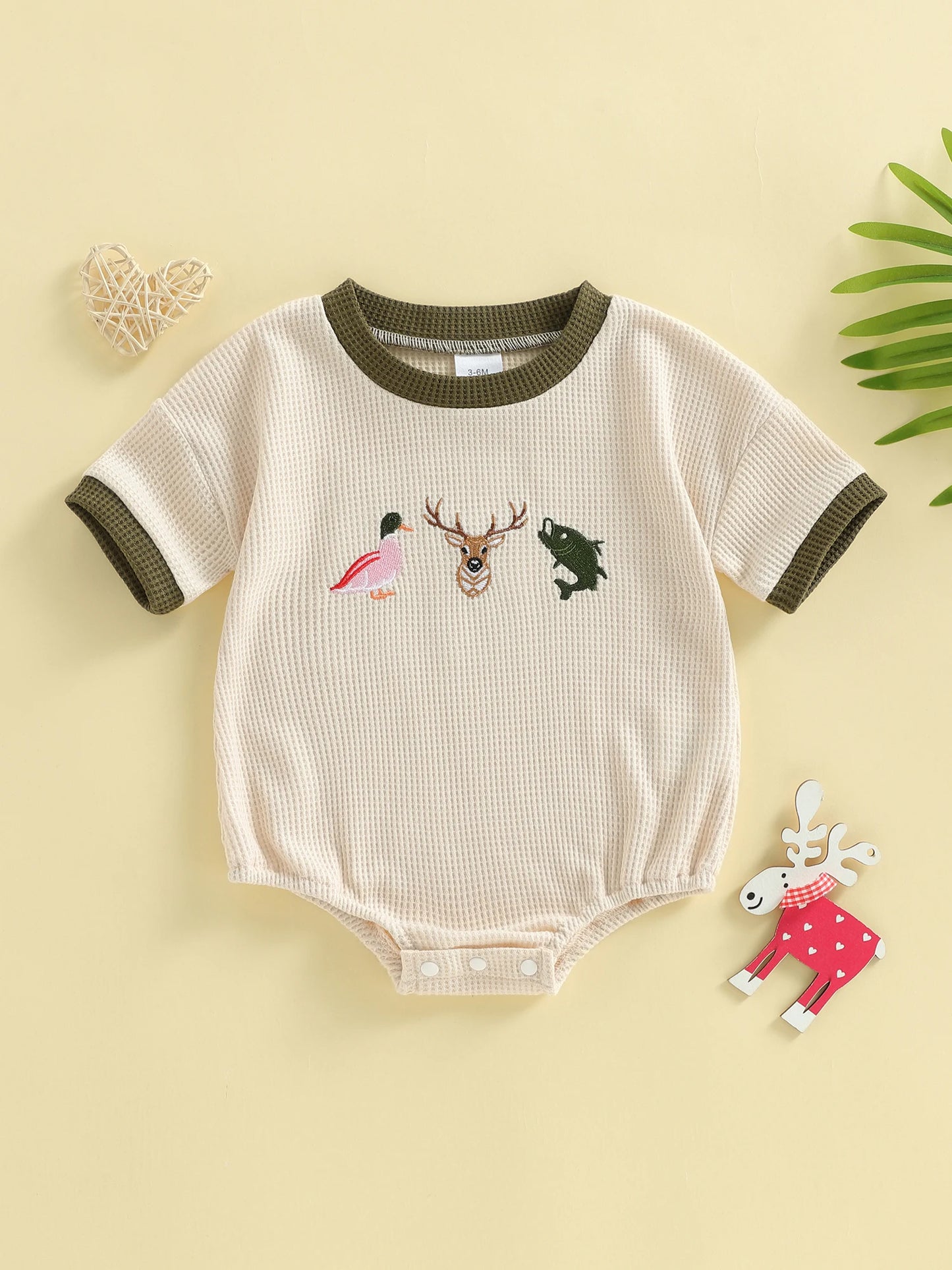 Baby Boys Romper Short Sleeve Crew Neck Embroidery Hunting Animal Summer Bodysuit