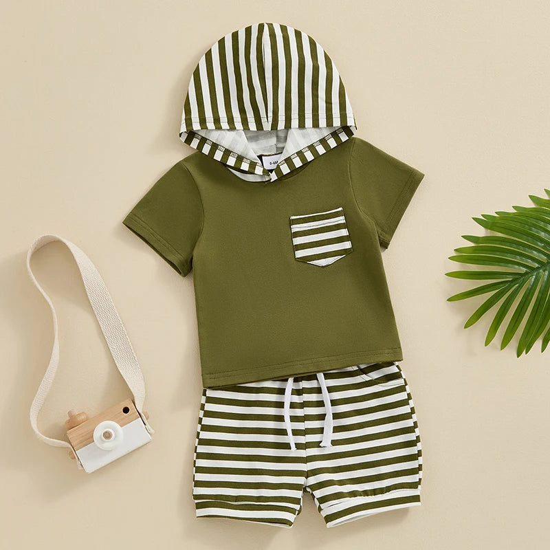 Toddler Baby Boy 2Pcs Summer Clothes Hooded Short Sleeve Top Stripes Shorts Hood Set Outfit