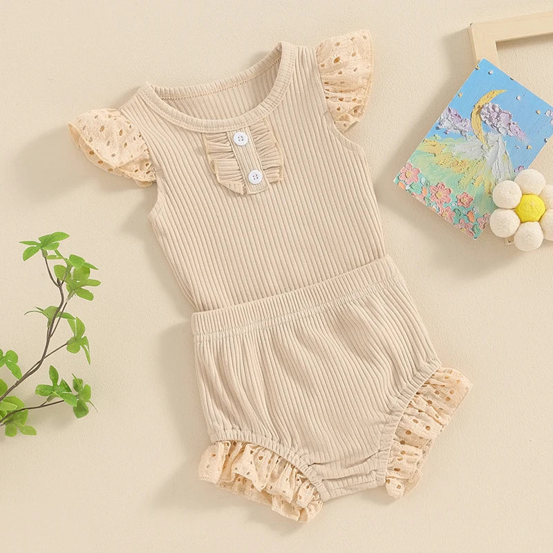 Baby Girl 2Pcs Spring Summer Outfits Round Neck Buttons Eyelet Fly Sleeve Frilly Romper Elastic Waist Shorts Clothes Set