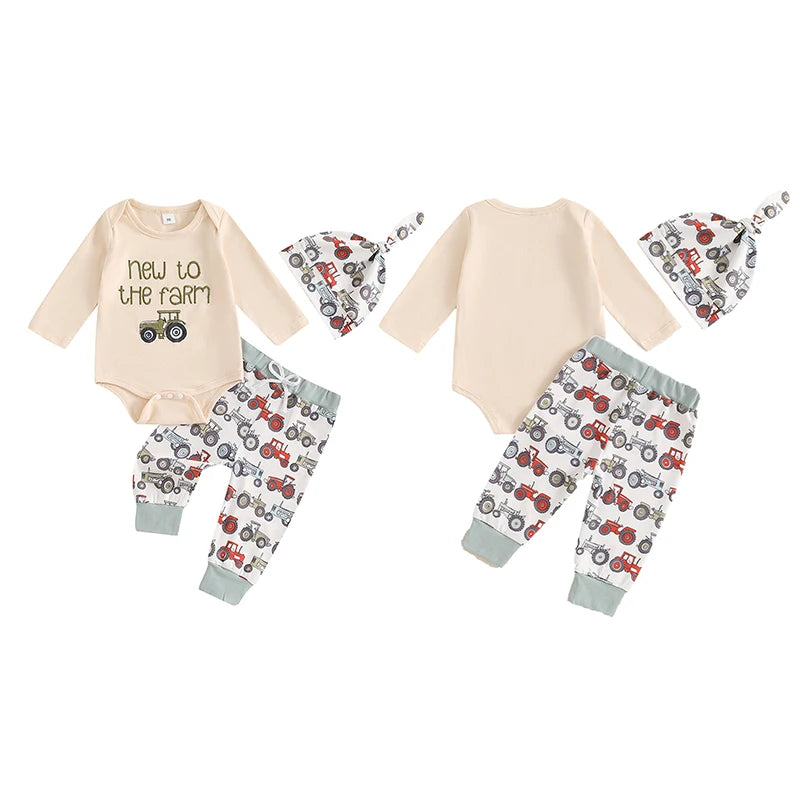 Baby Boys 3Pcs Set New To The Farm Long Sleeve Crew Neck Embroidery Romper with Tractor Letters Print Pants and Hat Outfit