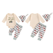 Load image into Gallery viewer, Baby Boys 3Pcs Set New To The Farm Long Sleeve Crew Neck Embroidery Romper with Tractor Letters Print Pants and Hat Outfit
