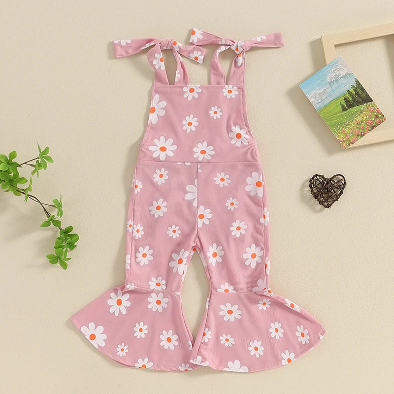 Baby Toddler Girls Summer Flare Leg Jumpsuit Daisy Flower Print Sleeveless Tie-Up Tank Top Bell-Bottoms Romper Overalls