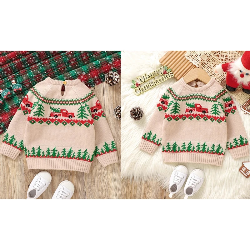 Baby Toddler Boy Girl Christmas Sweater Long Sleeve Round Neck Truck Tree Print Knit Pullover Top