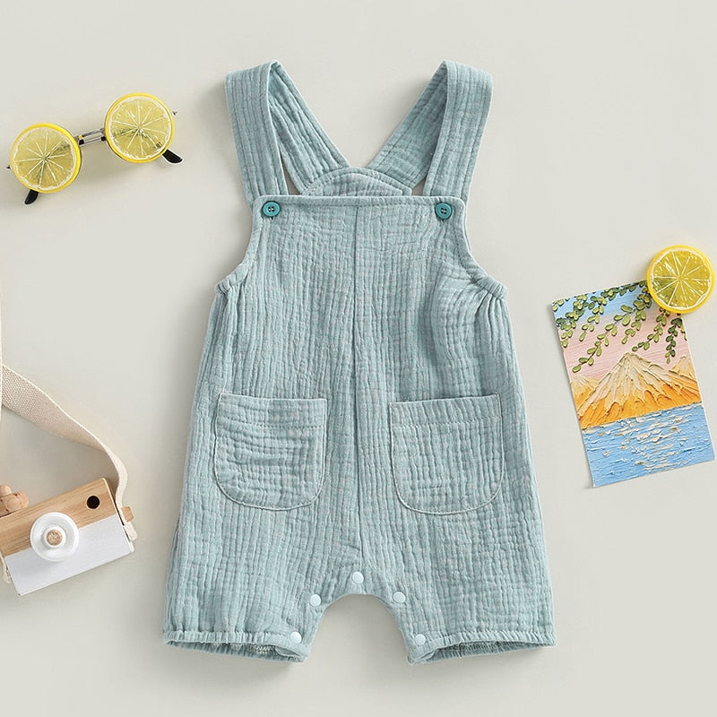 Infant Baby Boy Girl Summer Suspenders Jumpsuit Solid Romper with Pockets