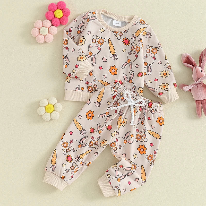 Baby Toddler Boy Girl 2Pcs Easter Outfit Long Sleeve Bunny Rabbit Carrot Print Top with Jogger Pants Set