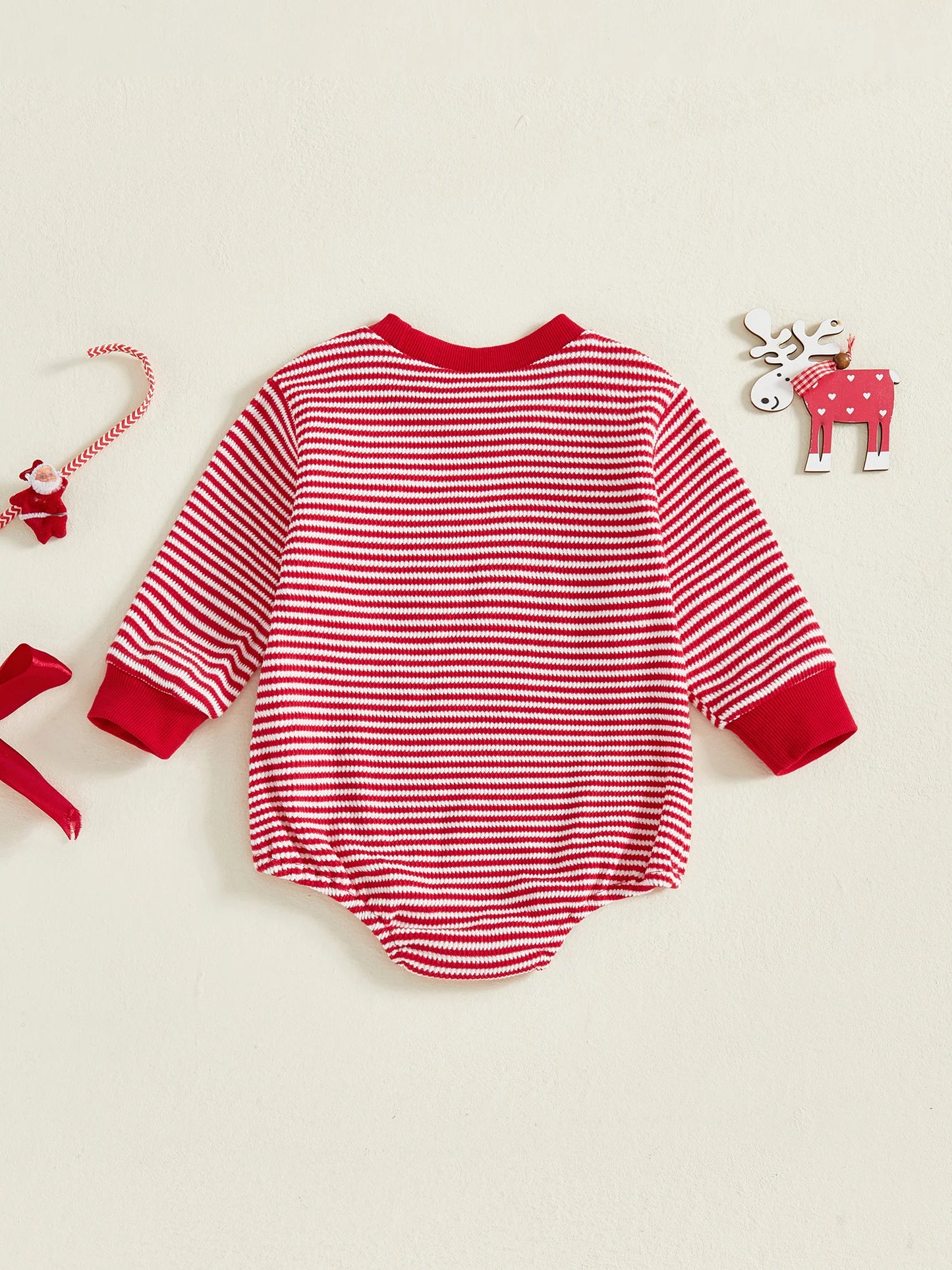 Baby Girls Boys Striped Romper Fashionable Christmas Gingerbread Embroidery Round Neck Long Sleeve Jumpsuit