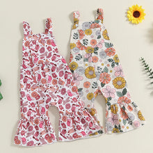 Load image into Gallery viewer, Baby Toddler Girls Overalls Floral Cowboy Boots Flowers Print Square Neck Sleeveless Bell Bottom Jumpsuit with Pocket Front Romper
