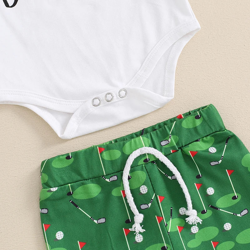 Baby Boys 3Pcs Outfit Daddy's Future Golfing Buddy Letter Print Crew Neck Short Sleeve Romper Golf Print Long Pants Hat Clothes Set