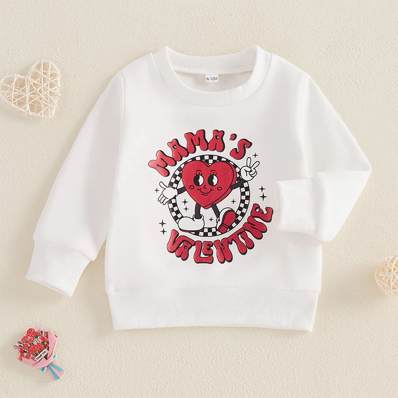 Baby Toddler Boys Mama's Valentine Valentine's Day Letter Heart Print Long Sleeve Round Neck Pullover Valentines Top