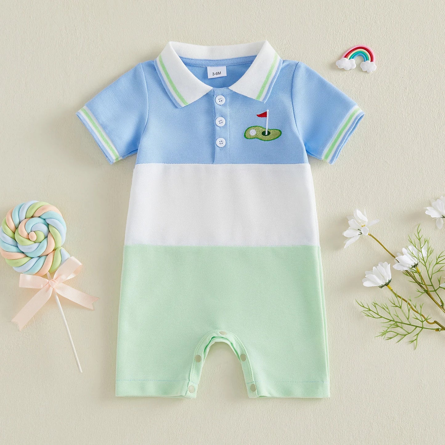 Baby Boy Summer Romper Golf Embroidered Contrast Color Button Collared Short Sleeve Infant Jumpsuit