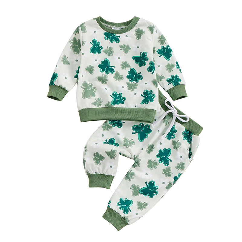 Baby Toddler Girls Boys 2Pcs St. Patrick's Day Outfits Shamrock Print Long Sleeve Top and Long Pants Set