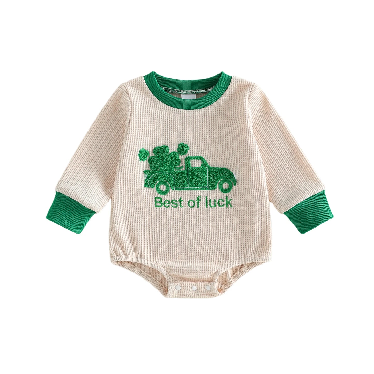 Baby Boy Romper Best of Luck Long Sleeve Round Neck Shamrock Truck Embroidery Bodysuit St. Patrick's Day Playsuit