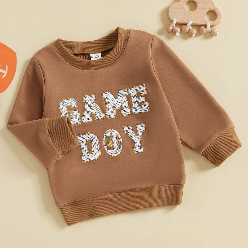 Baby Toddler Boys Girls Fall GAME DAY Football Sequin Letter Embroidery Long Sleeve Crew Neck Pullover Top