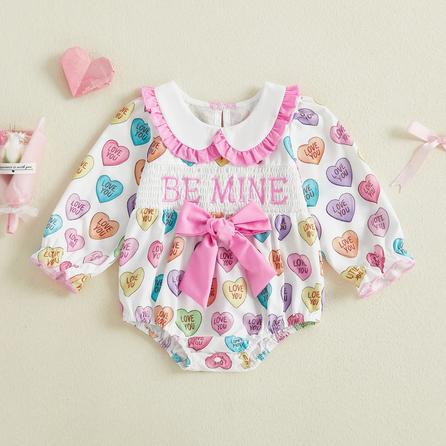 Baby Girl Be Mine Valentine's Day Romper Long Sleeve Doll Collar Letter Heart Candy Print Romper with Bow Decor