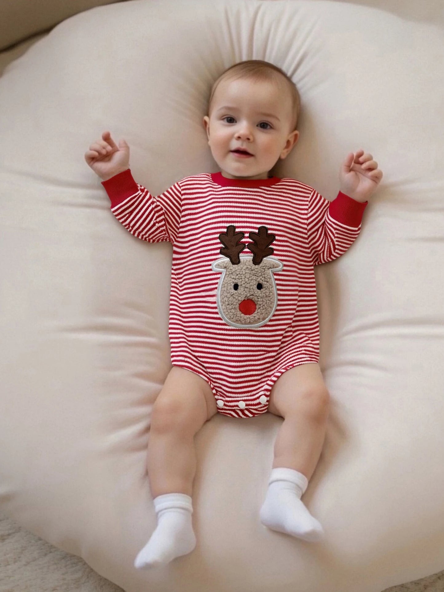Baby Boys Girls Striped Romper Fashionable Christmas Reindeer Embroidery Round Neck Long Sleeve Jumpsuit