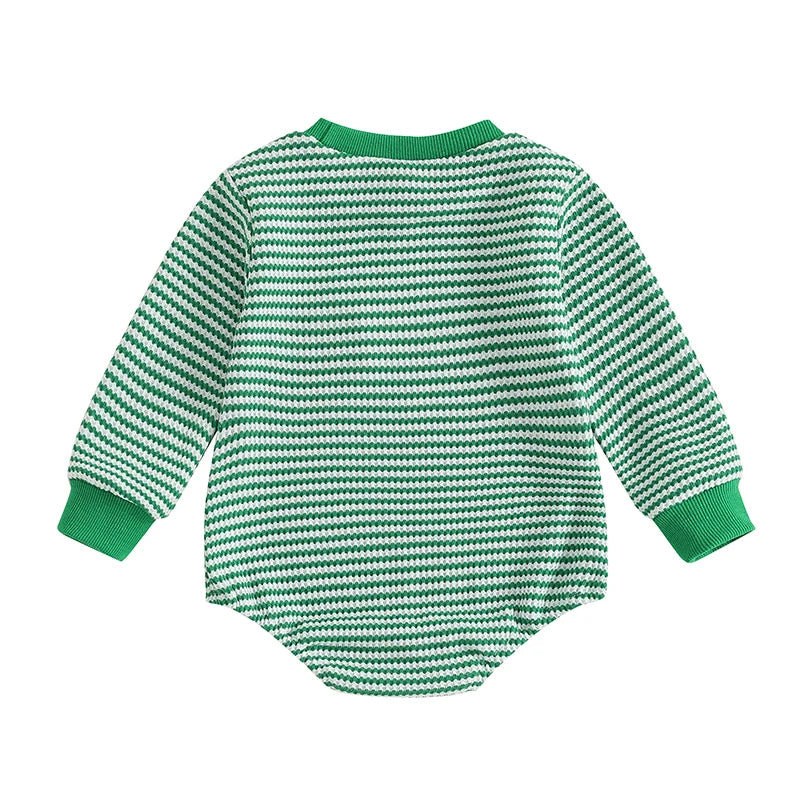 Baby Girls Boys St. Patrick's Day Romper Striped Four Leaf Clover Shamrock Waffle Long Sleeve Round Neck Jumpsuit