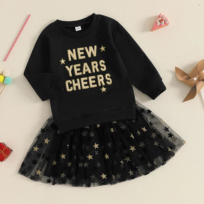 Toddler Kids Girl 2Pcs New Years Cheers Skirt Outfit Letter Embroidery Long Sleeve Top Glitter Star Print Tulle Skirt Clothing Set