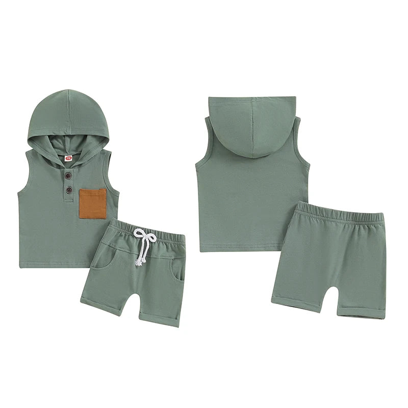 Baby Toddler Boys 2Pcs Summer Outfit Sleeveless Hooded Tank Top with Pocket Elastic Waist Shorts Set