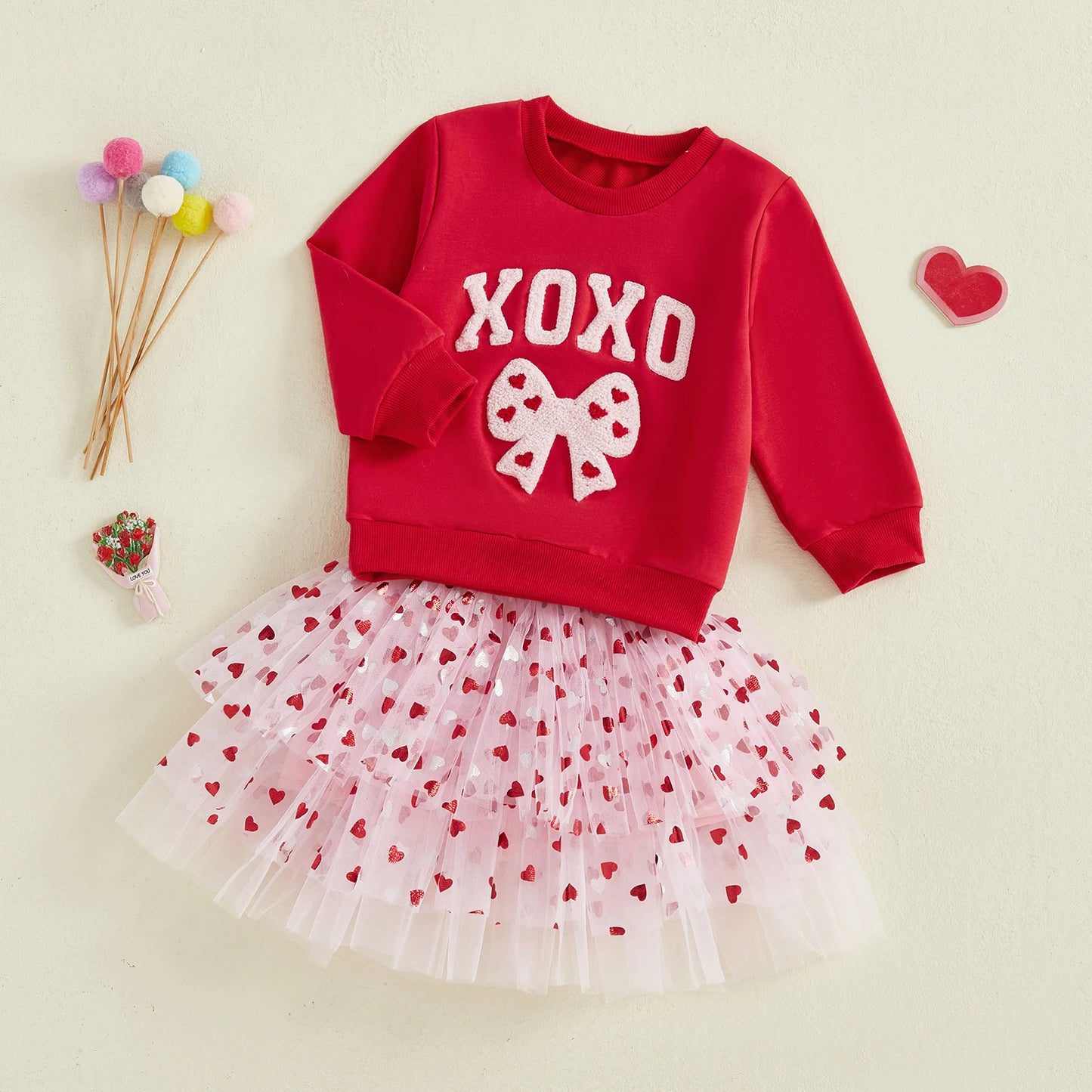 Baby Toddler Girls 2 Pcs XOXO Outfits Bow Letter Embroidery Long Sleeve Crew Neck Top and Heart Patterned Elastic Waist Tulle Tutu Skirt Set