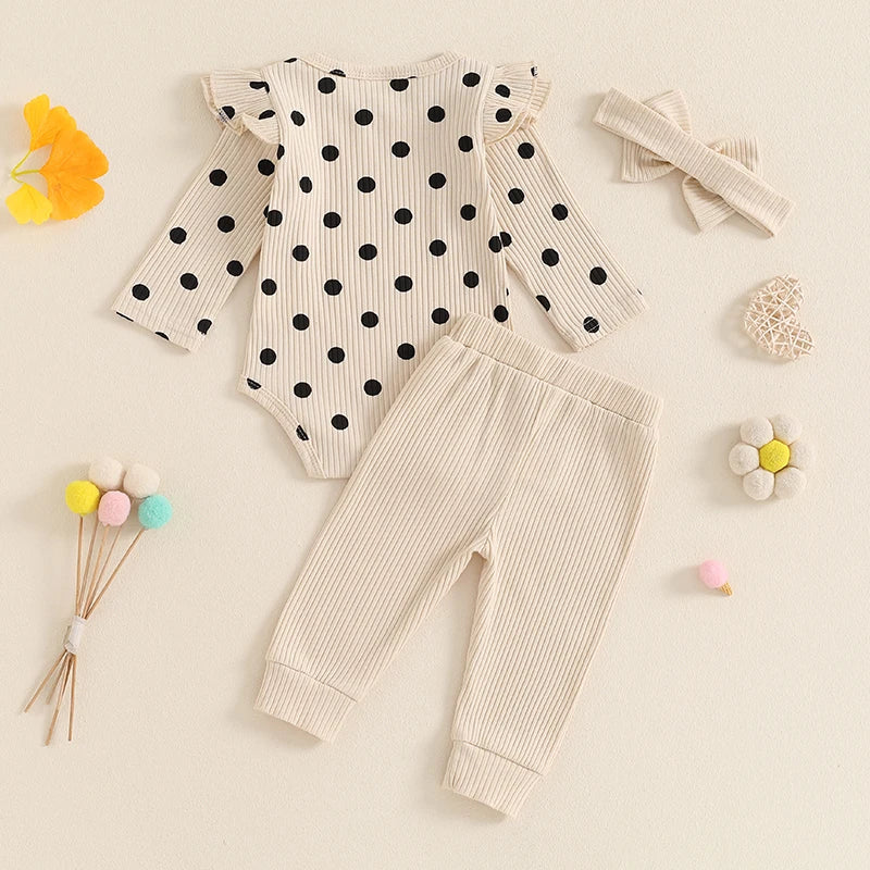 Baby Girls 3Pcs Fall Outfit Long Sleeve Polka Dots Print Romper with Pants and Headband Clothing Set