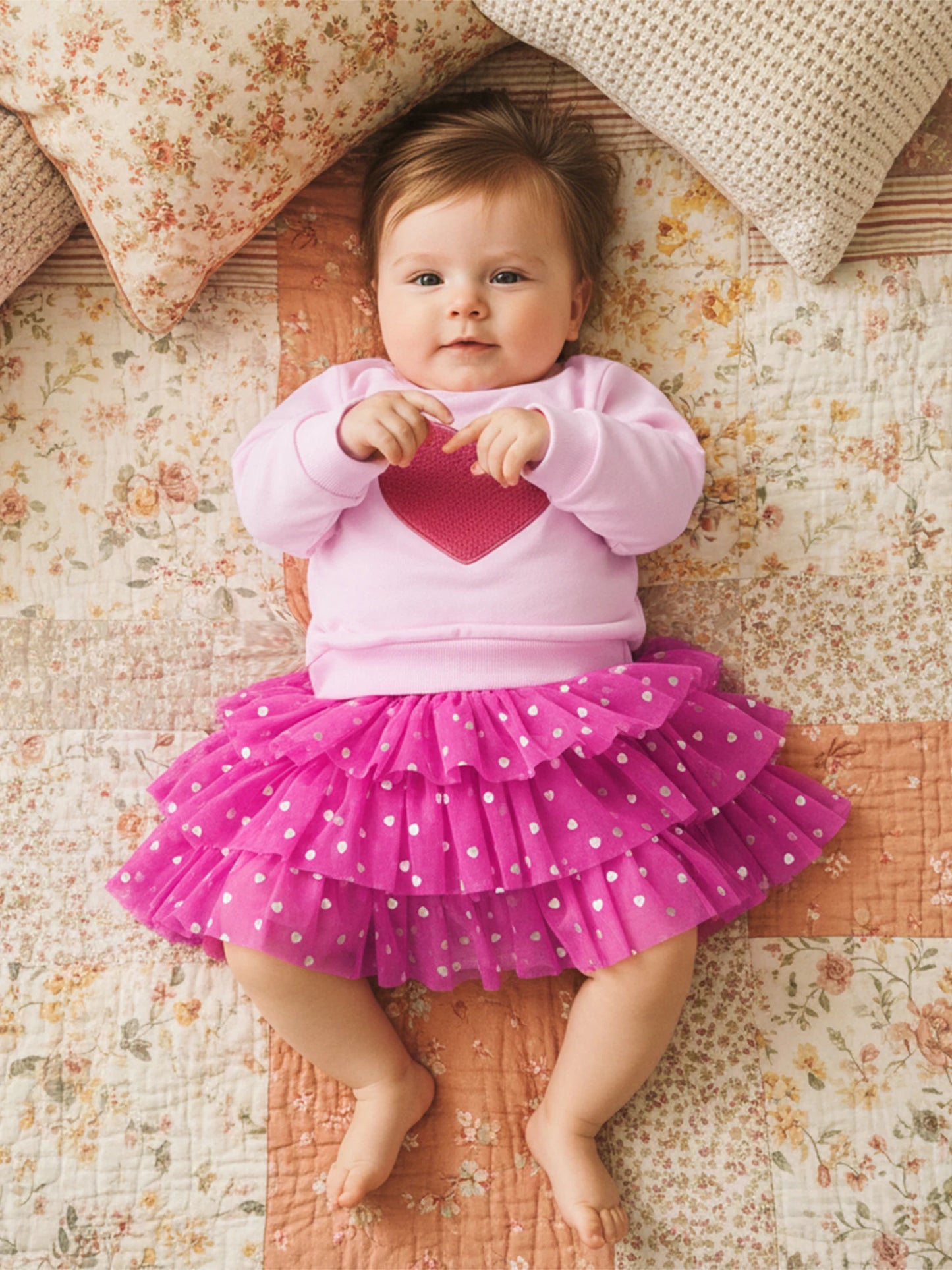 Baby Toddler Girls 2Pcs Outfit Long Sleeve Crew Neck Heart Embroidery Top and Tiered Tulle Skirt Set