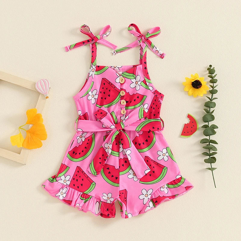 Baby Toddler Kids Girl Summer Jumpsuit Sleeveless Tie Strap Watermelon Print Belted Romper Shorts