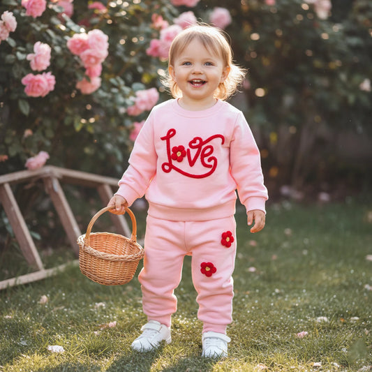 Baby Toddler Girls 2Pcs Valentine's Day Clothes Long Sleeve Crew Neck 3D Crochet Flower Love Decor Top and Pants Jogger Set