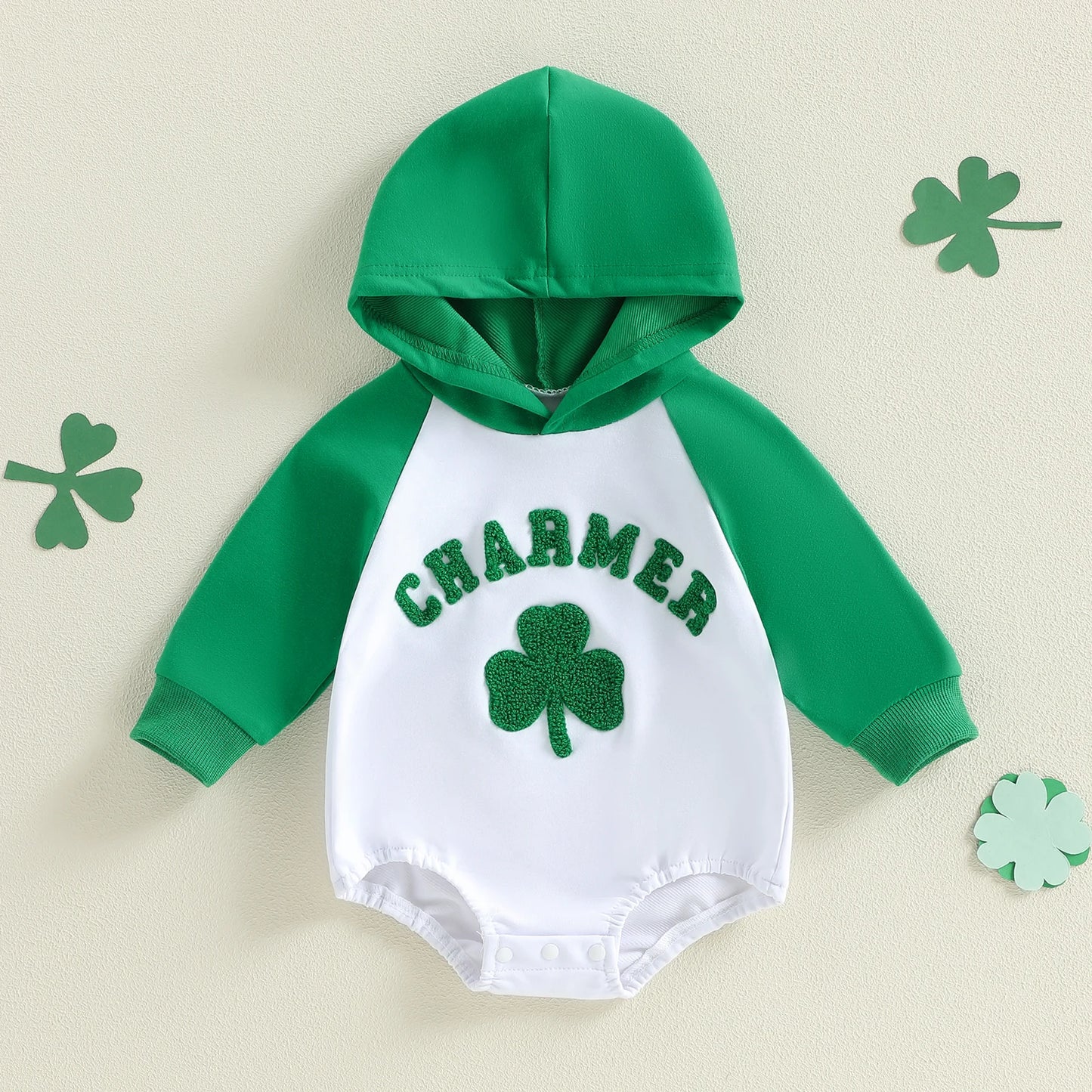 Baby Boys Charmer Irish St. Patrick's Day Romper Long Sleeve Shamrock Letter Embroidery Hooded Bodysuit Playsuit