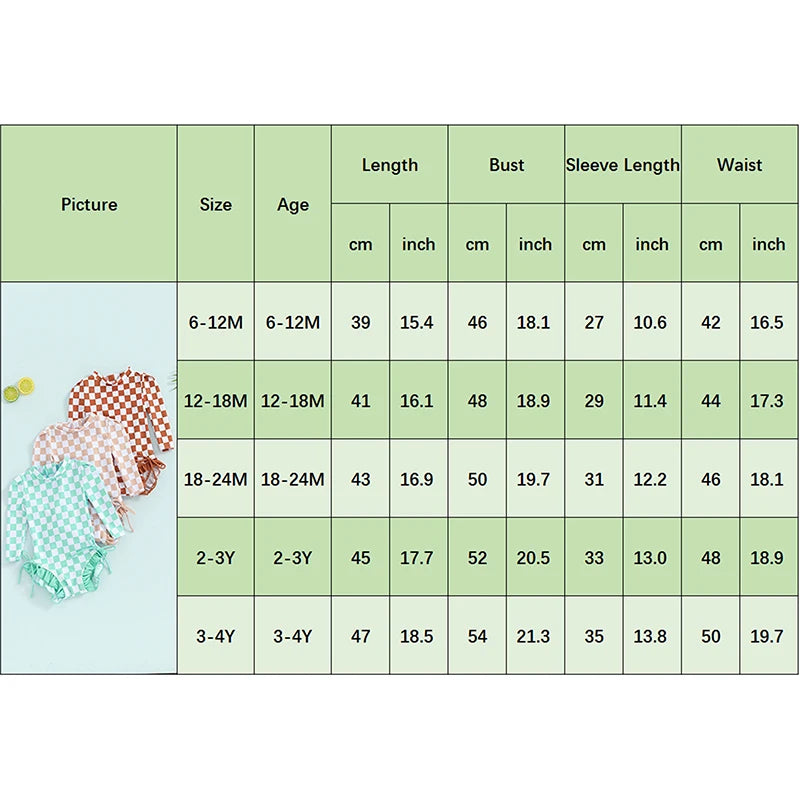 Baby Toddler Girls Beach Swimwear Long Sleeve Checkerboard Plaid Print Ruffle Romper Bathing Suit