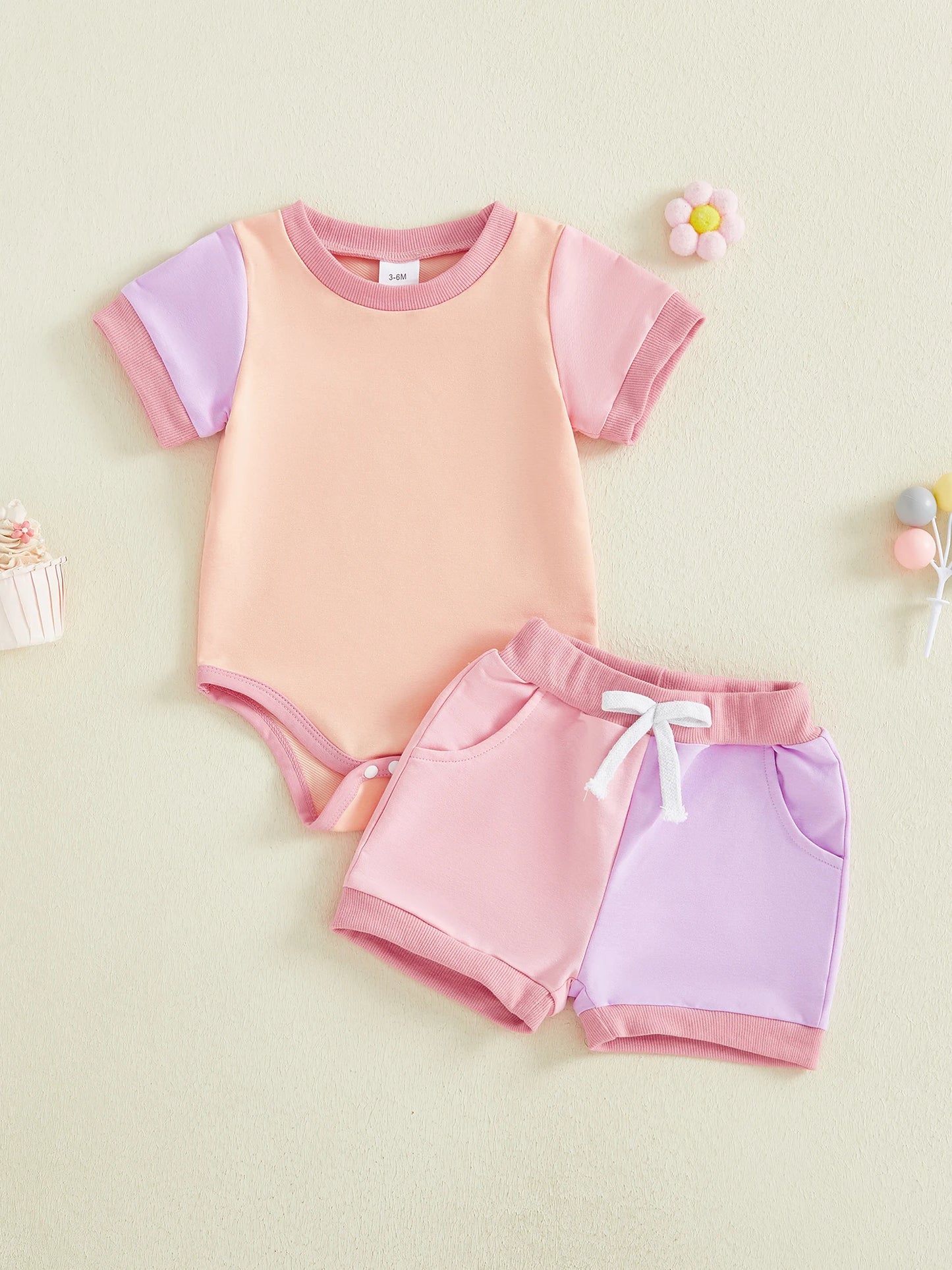 Baby Girls 2Pcs Summer Spring Shorts Set Short Sleeve O Neck Contrast Color Romper and Drawstring Shorts Outfit