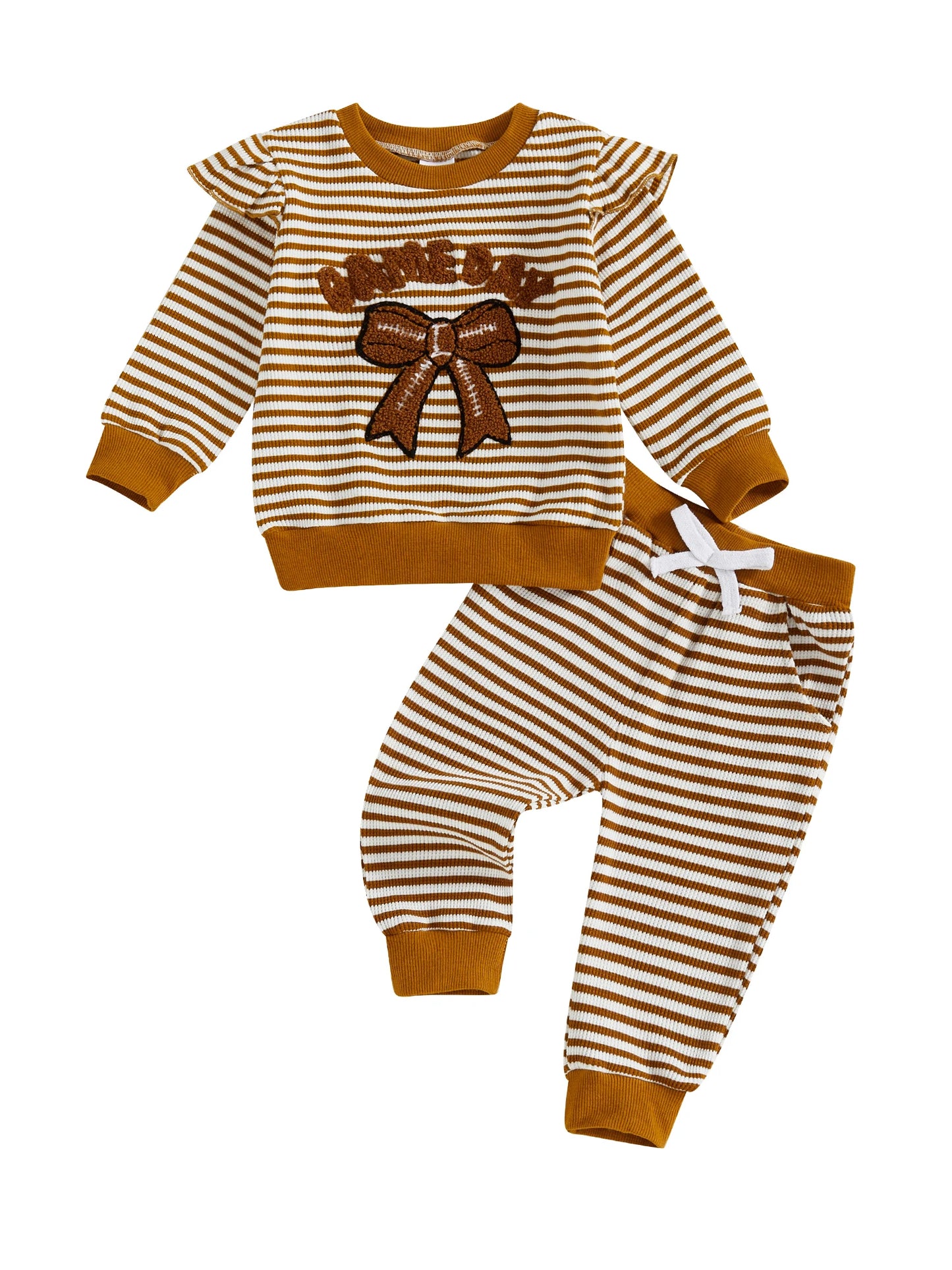 Baby Toddler Girls 2Pcs Game Day Fall Outfits Letter Bow Embroidered Striped Crew Neck Long Sleeve Top with Jogger Pants 2Pcs Set